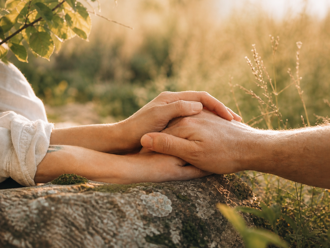 Hands resting together in warm garden light